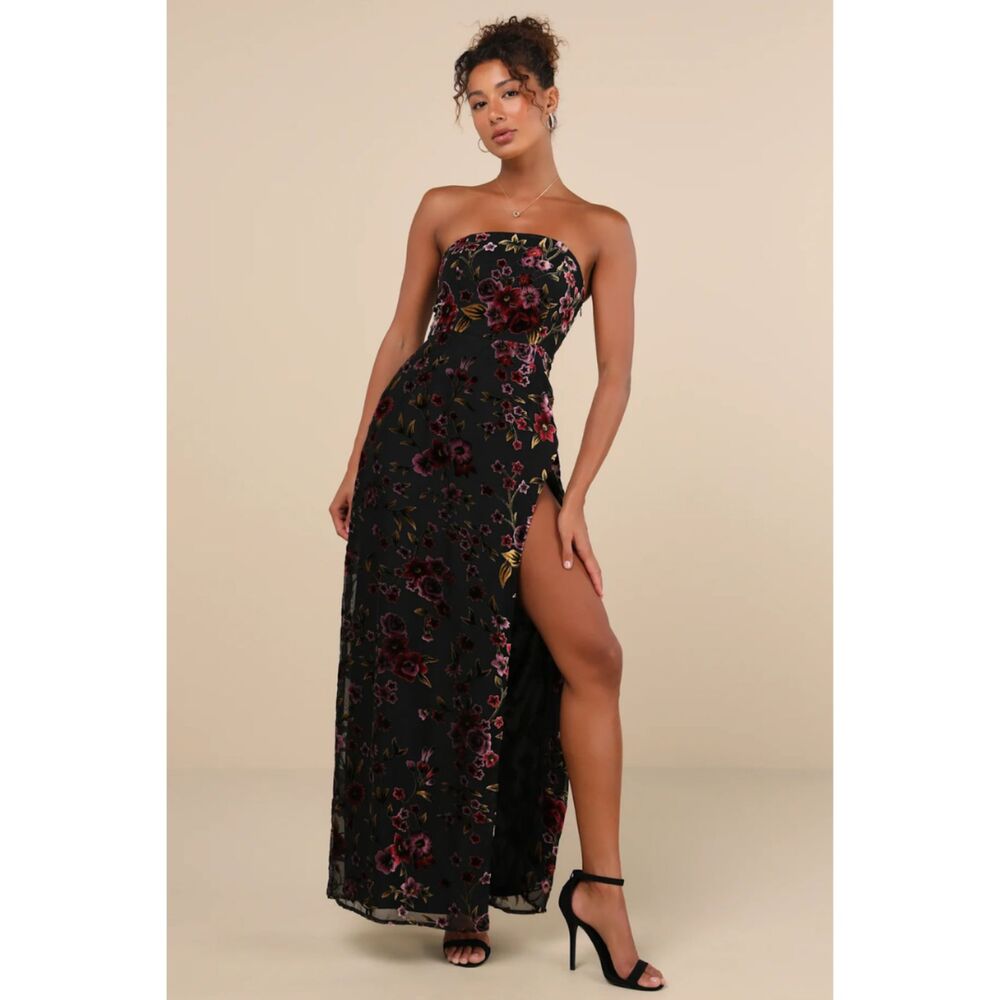 Lulus Alluring Figure Black Floral Velvet Burnout Strapless Maxi Dress NWOT